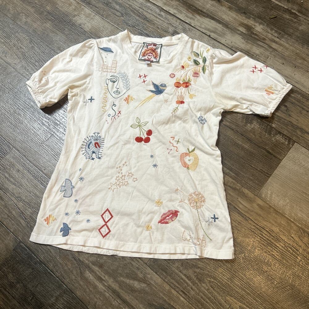 Johnny Was Knit Embroidered Floral Butterfly Crew Neck Short Sleeve T-Shirt XXS
